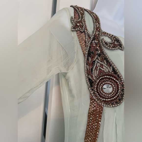 Mint maxi chiffon kameez with matching dupatta and black trousers - Picture 7 of 8